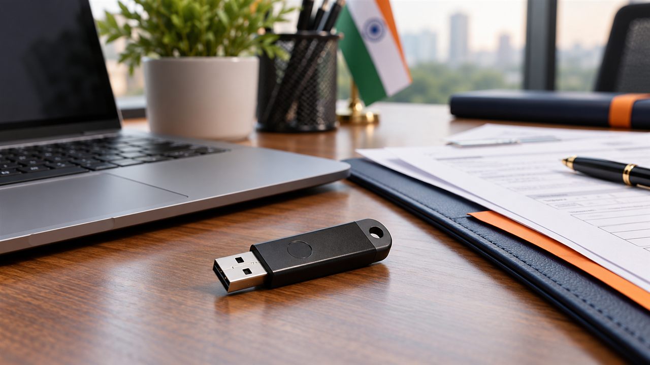 Cryptographic USB token beside a laptop and application papers